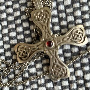 Celtic Knot Cross Pendant Necklace with Red Stone
